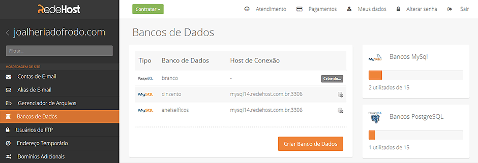 Painel de Controle RedeHost Banco de Dados