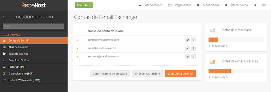 Painel de Controle RedeHost Email Exchange